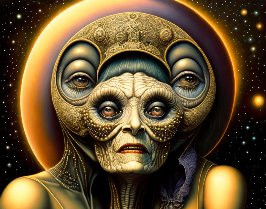 Surreal humanoid portrait with multiple eyes and ornate headgear on starry backdrop