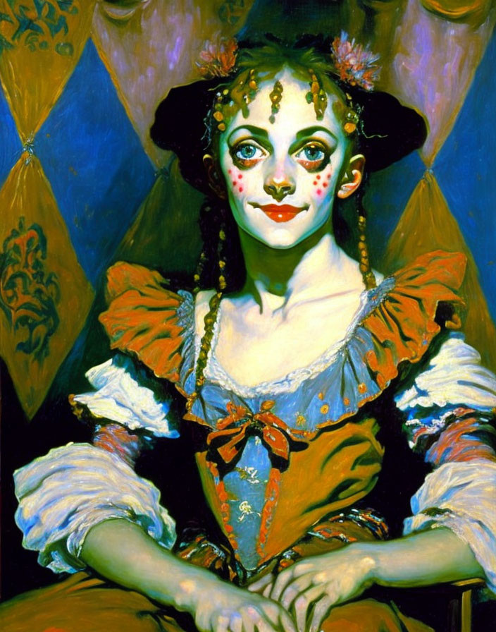 Colorful portrait of woman in clown makeup and costume against blue patterned backdrop