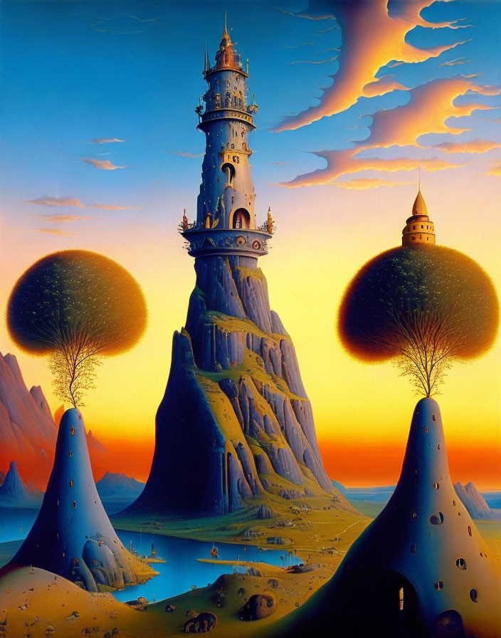 Fantasy landscape with tall castle tower, bizarre trees, and surreal sky