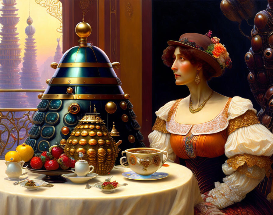 Historical woman with fruit and tea gazes at Dalek and fantasy cityscape.