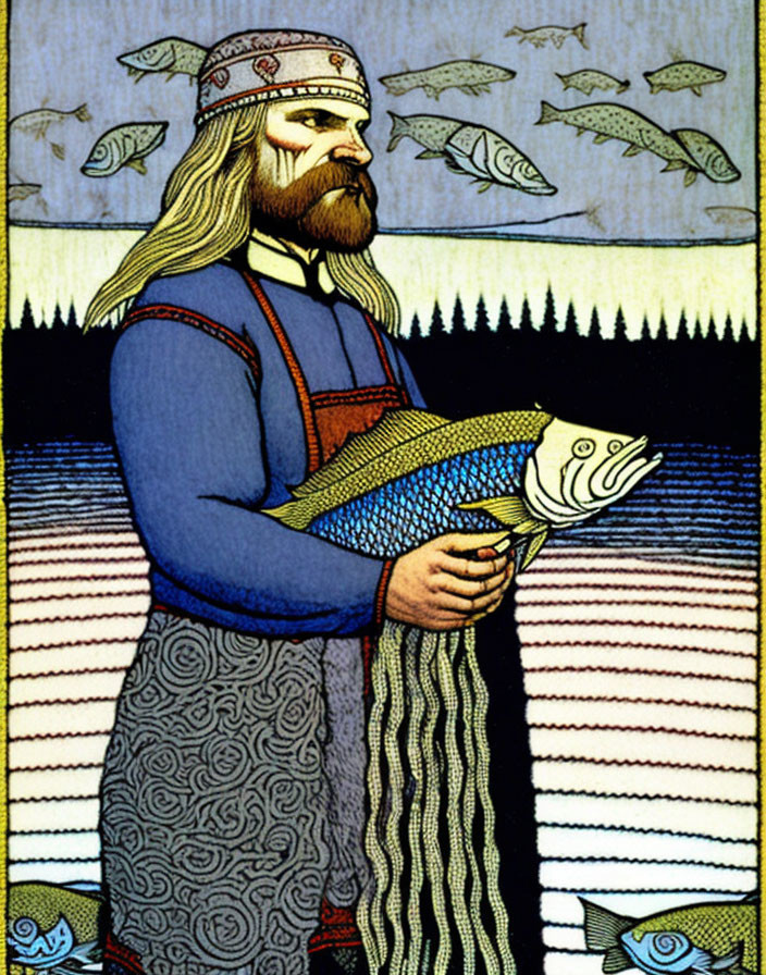 Illustration of bearded man in traditional attire with large fish and stylized fish & waves background