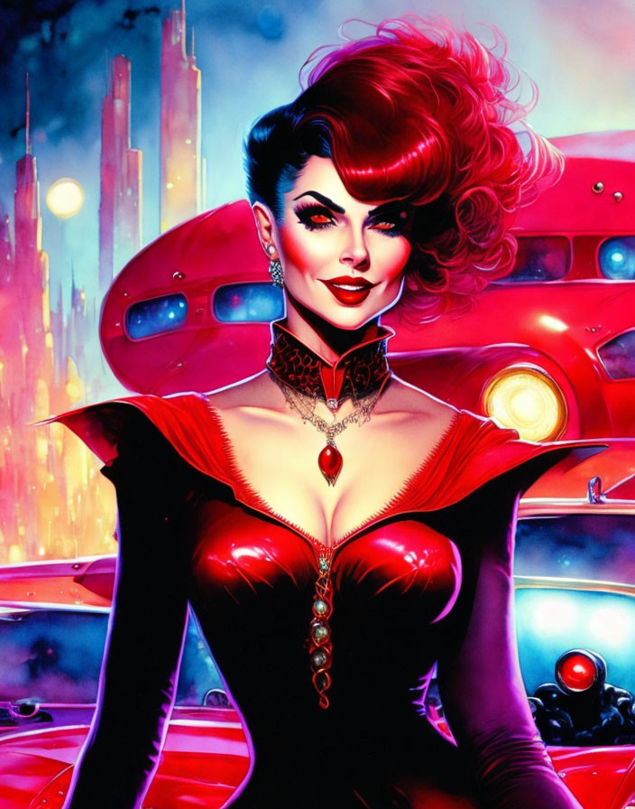 Red-haired woman in futuristic setting with neon lights and flying cars wearing red outfit and choker.