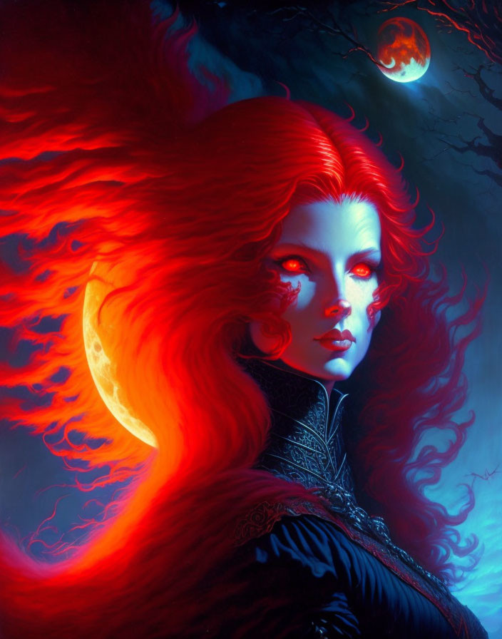 Vivid portrait of a woman with red hair and glowing eyes against a mystical moon and luminous backdrop