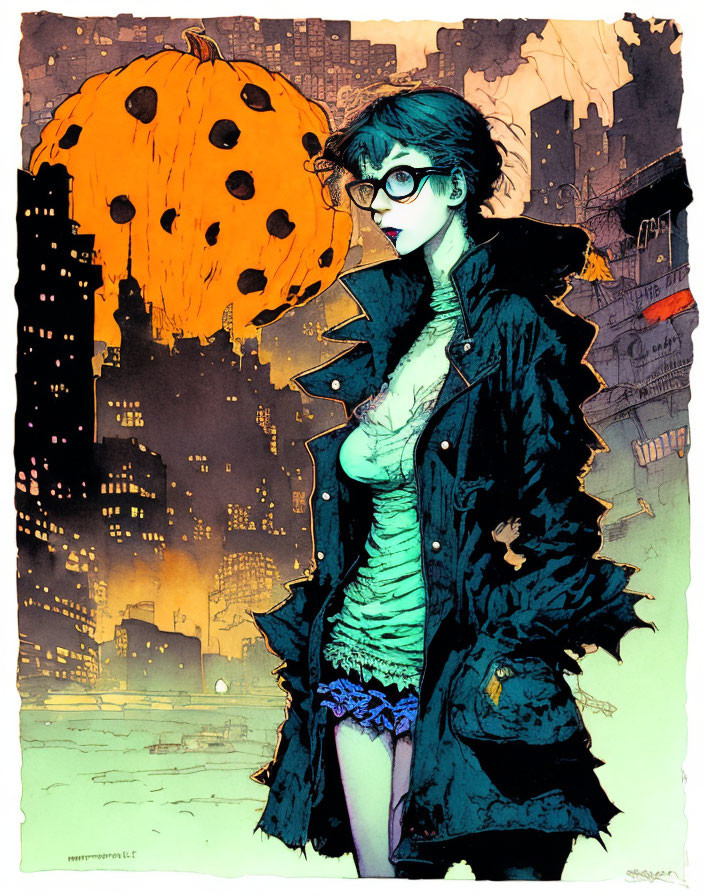 Stylized drawing of woman with blue hair, glasses, jacket, corset, pumpkin moon,