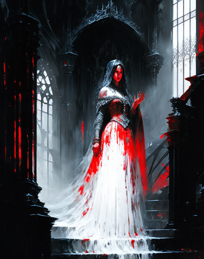 Gothic figure in white and red dress in dark cathedral with red lighting