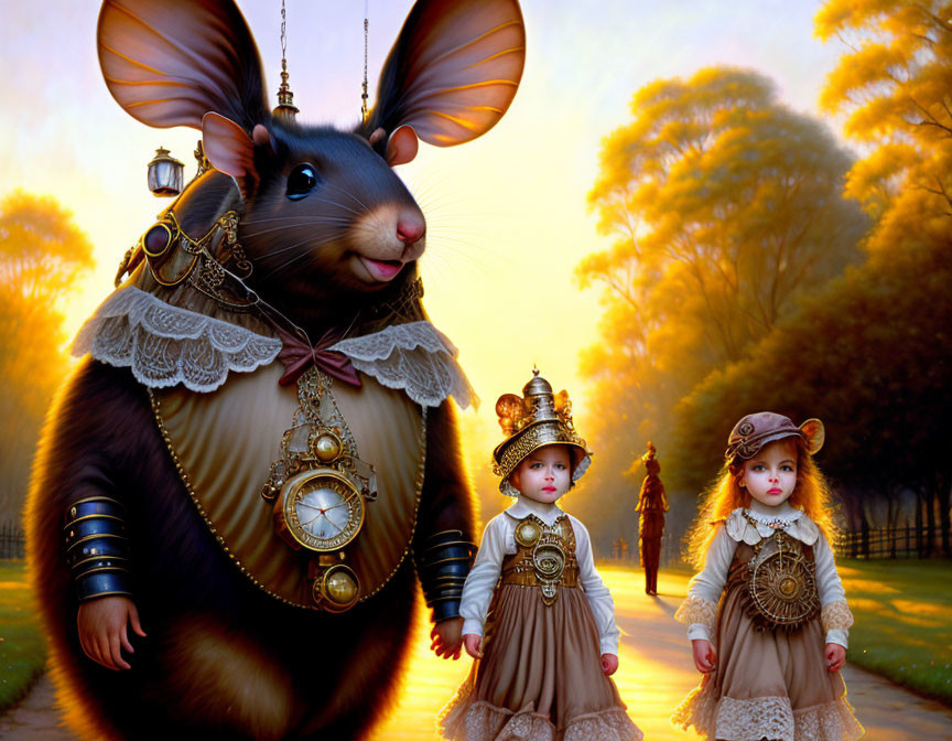 Anthropomorphic Mouse with Two Girls in Vintage Dresses in Fantasy Park