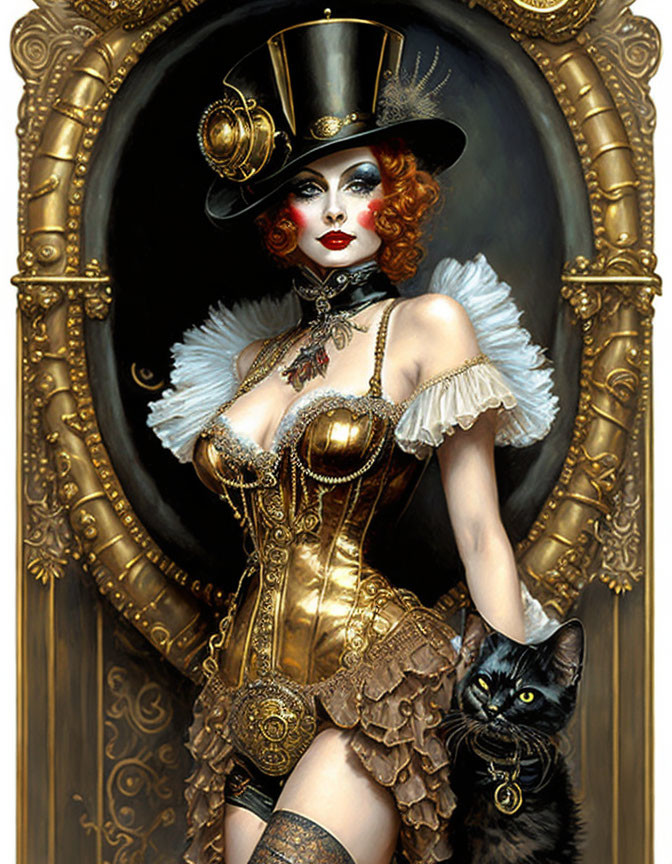 Stylized digital painting of woman in steampunk outfit with top hat and black cat in orn