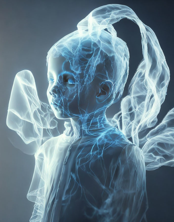 Child with ethereal translucent appearance and delicate wing-like structures in soft blue light