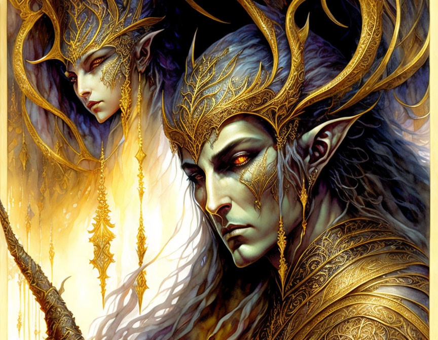 Regal elves in golden crowns and ornate armor on mystical backdrop