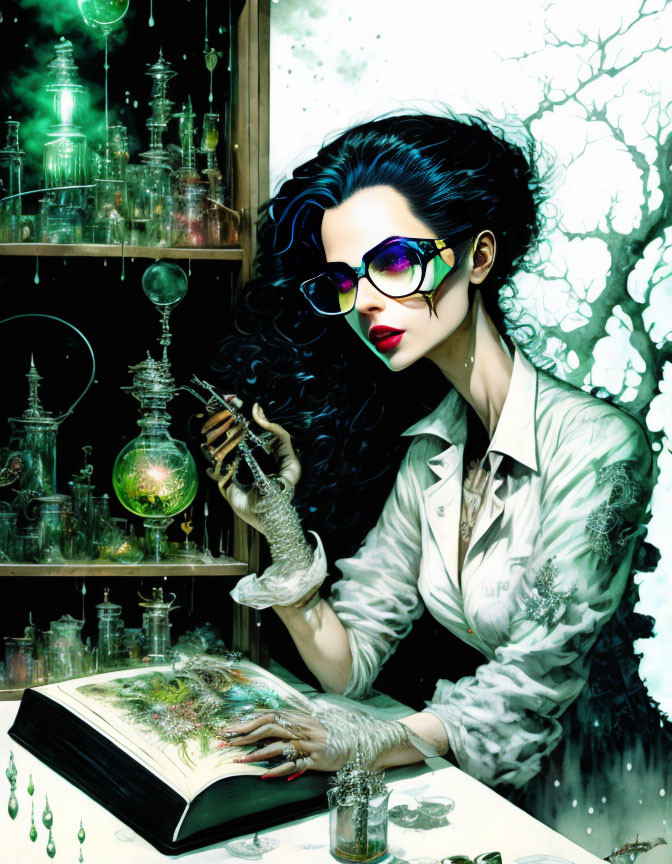 Illustration of woman with dark hair, sunglasses, gloves, alchemical tools, and botanical book.