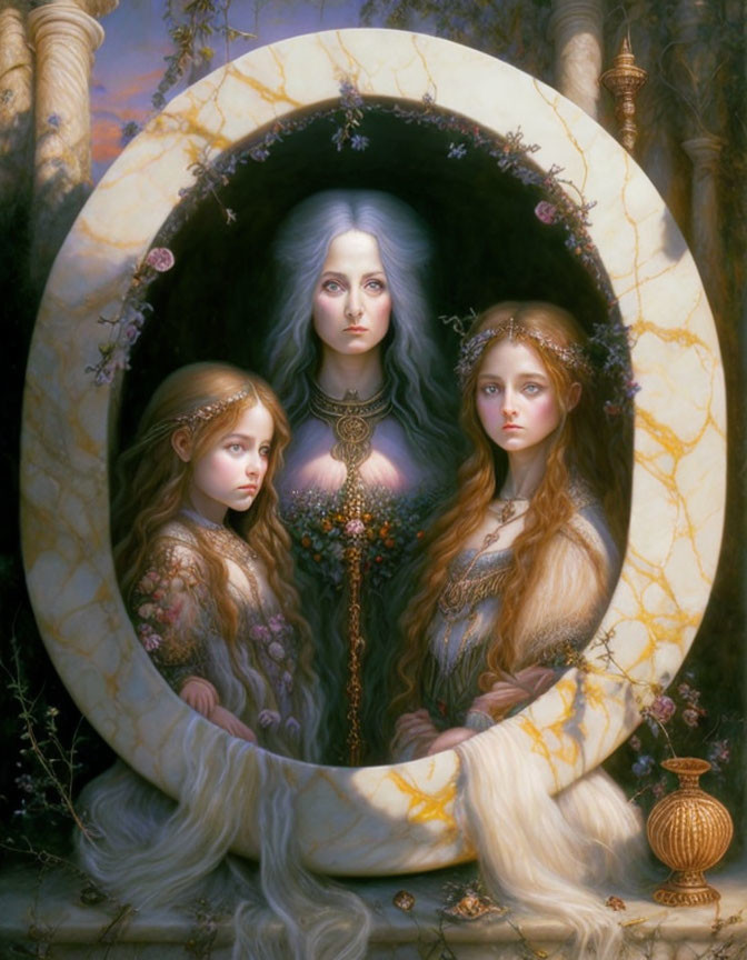 Three women in ornate dresses by circular stone portal