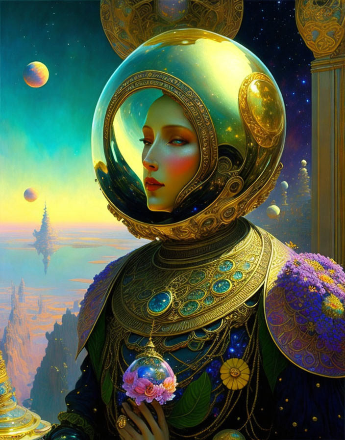 Detailed spacesuit portrait of a woman in vibrant dreamlike landscape