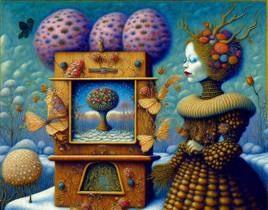 Surrealist Art: Female Figure with Tree Hair, Snowy Landscape Cabinet, Butterflies