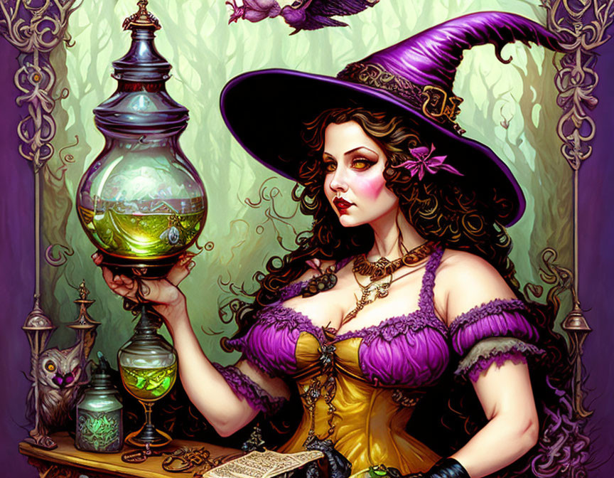 Illustration of woman in witch costume with purple hat and green potion, surrounded by mystical items and owl