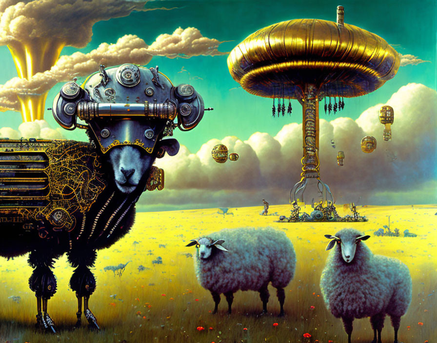 Surreal landscape with mechanical and cyborg sheep, golden floating city, and cloud buildings