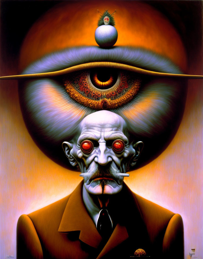 Surreal painting: Figure with third eye, eye in mouth, in suit, earth & moon