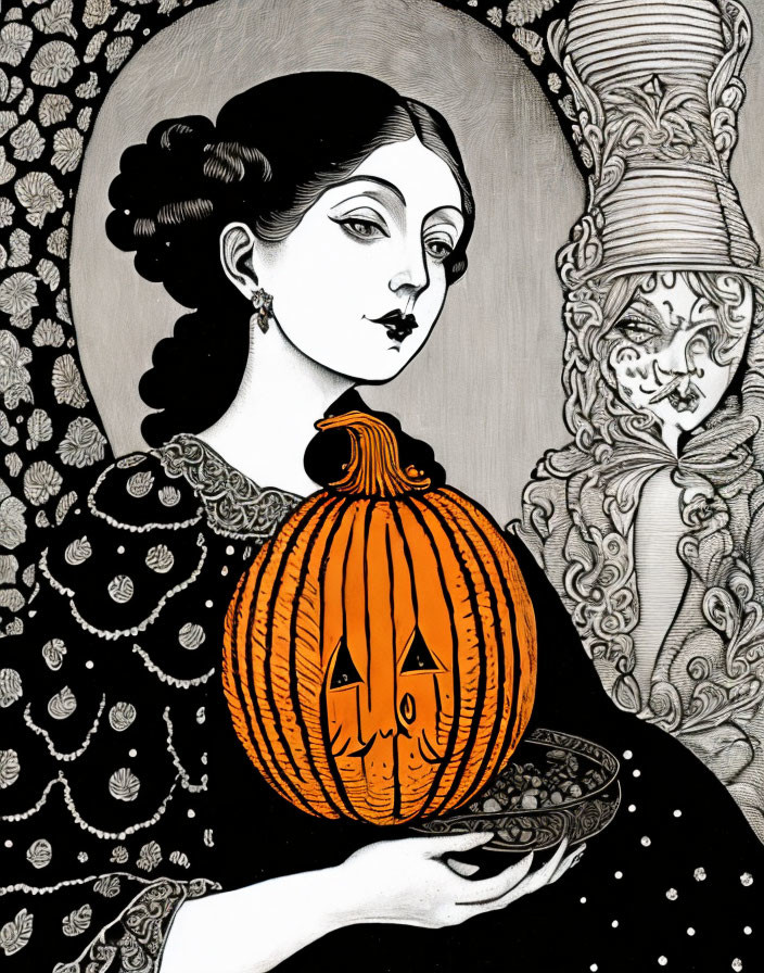 Vintage woman with carved pumpkin and tall hat on patterned background