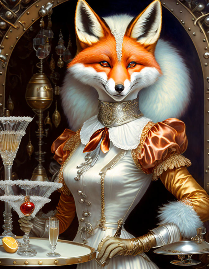 Humanoid fox in 18th-century dress with serving tray and ornate background