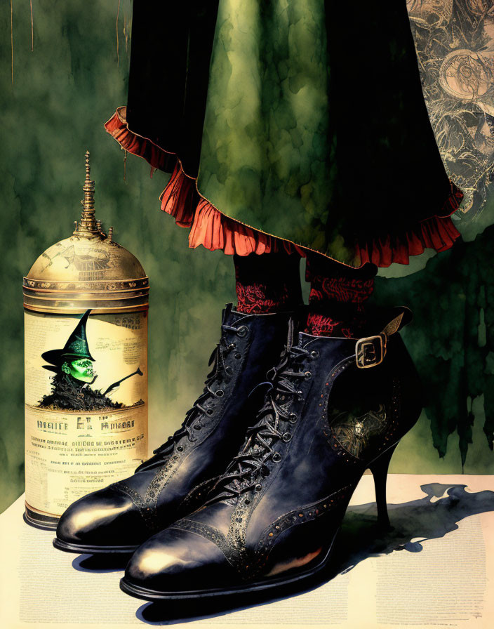 Vintage Lace-Up Boots with High Heels and Red Ruffled Socks beside Old-Style Potion Bottle