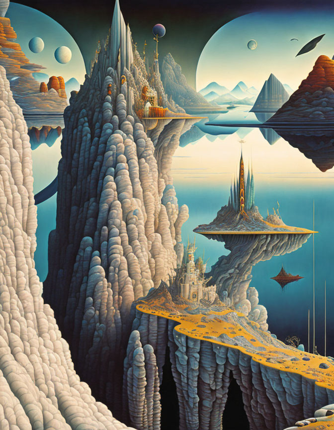 Surreal landscape with towering rock formations, castles, floating islands, and distant planets