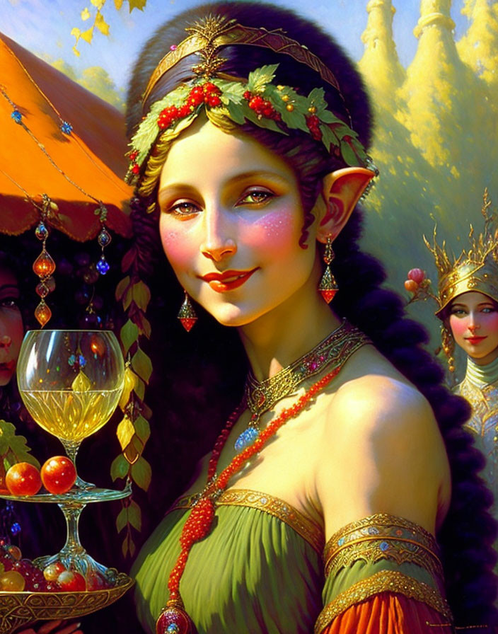 Pointy-eared elf with chalice and leaf crown, medieval attire, two figures in background