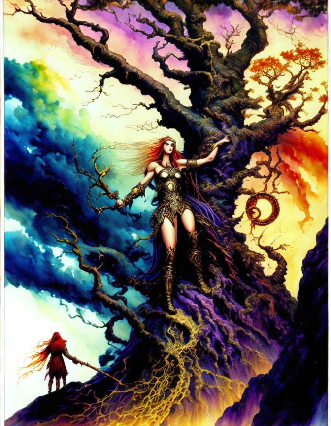 Fantasy warrior woman on twisted tree with dramatic sky and cloaked figure