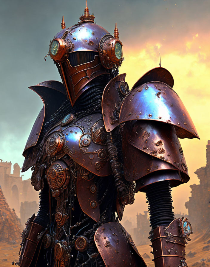 Detailed robotic knight in intricate armor against dystopian landscape at sunset