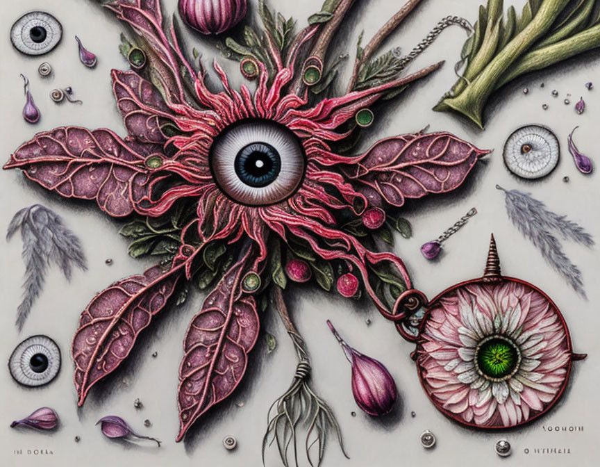 Surreal botanical illustration with central eye and pink leaves