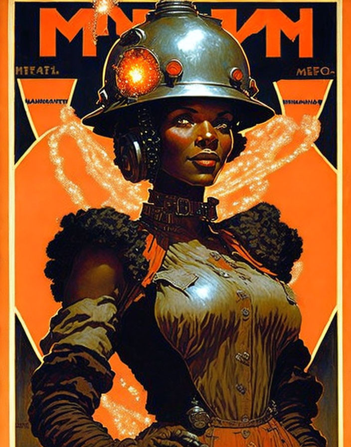 Stylized poster: Woman in astronaut helmet, Victorian dress, futuristic collar, orange backdrop