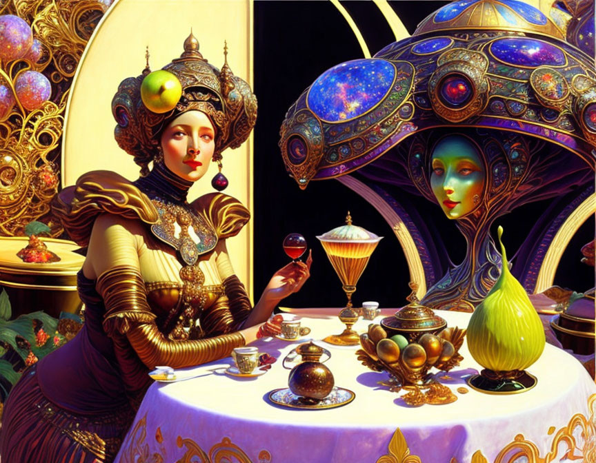 Cosmic-themed artwork features elegant woman in golden dress with fantastical artifacts.