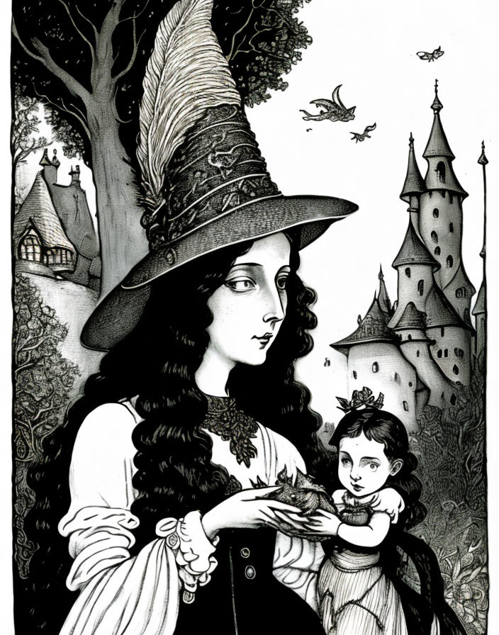 Monochrome witch and child with dragon in front of castle.