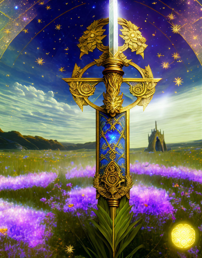 Ornate sword with blue gemstone hilt in starry scene above purple flowers