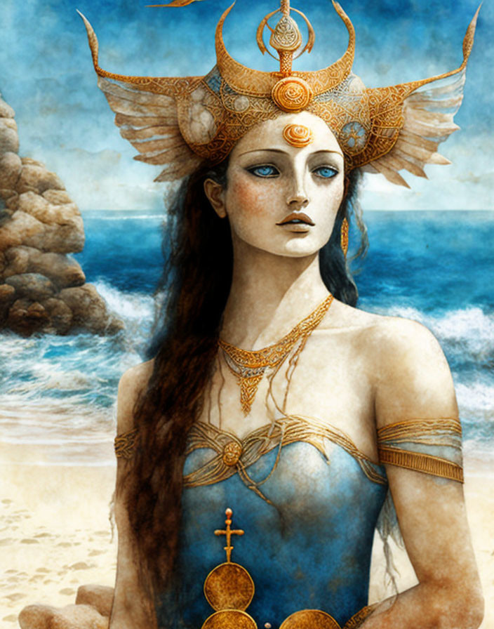 Elaborate golden headdress woman by the seaside