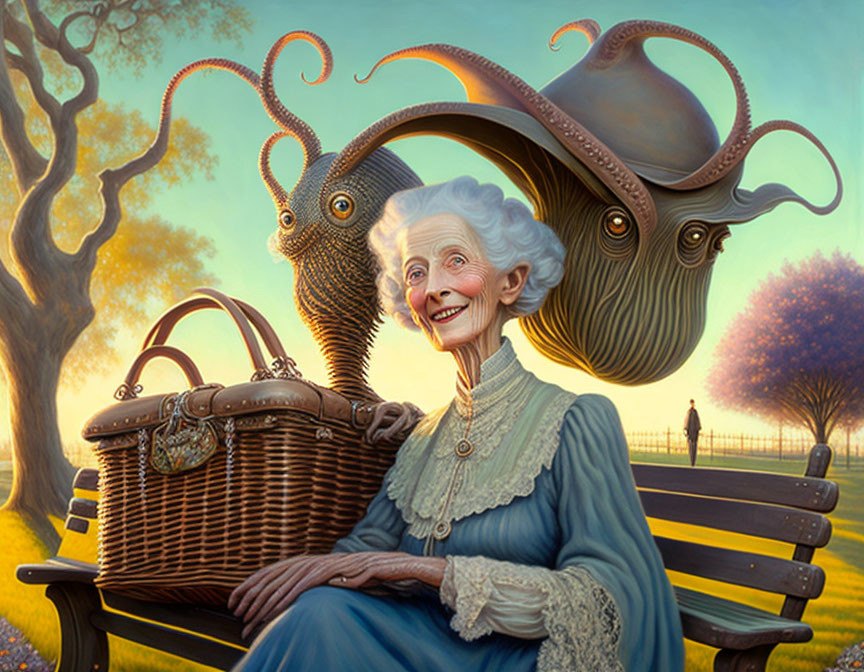 Elderly woman with basket smiles near looming octopus creature