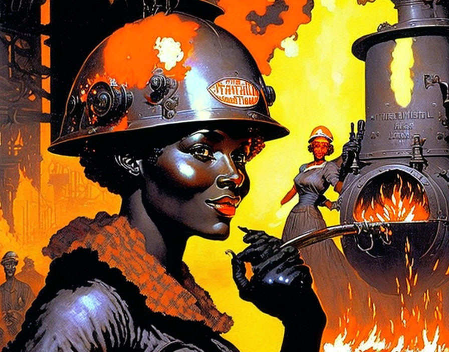 Woman with "Steel Mill" helmet in industrial artwork