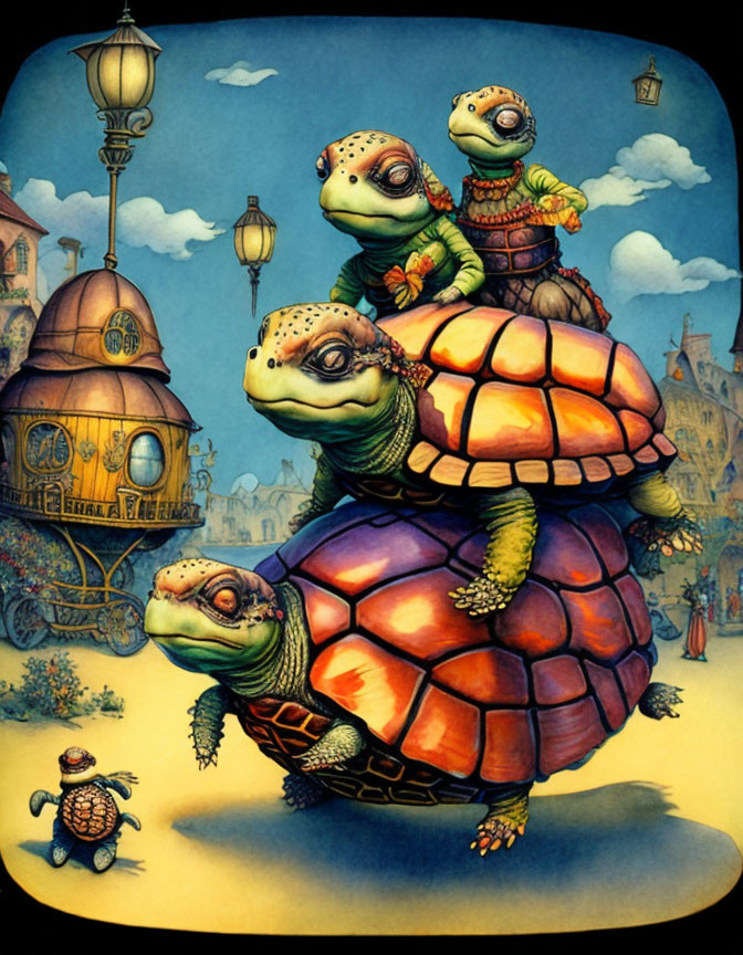 Whimsical illustration of turtles in clothing in town setting