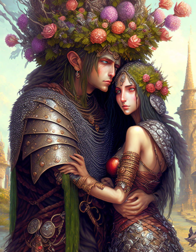 Elven couple in armor and floral crowns embrace near medieval tower