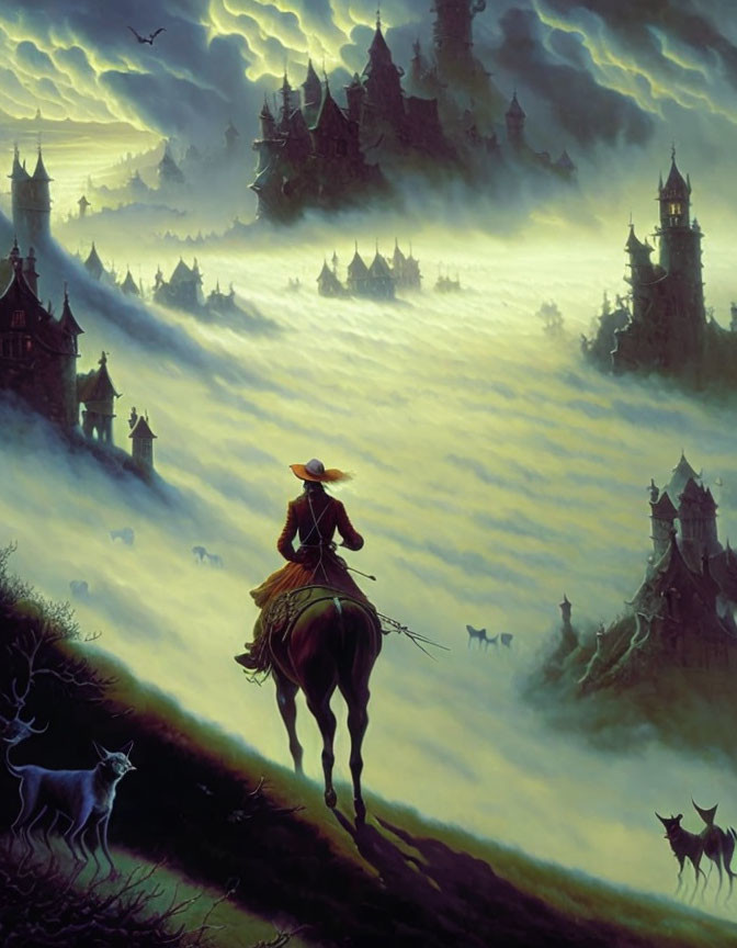 Lone rider on horseback in mystical landscape with wolves and castles under stormy sky