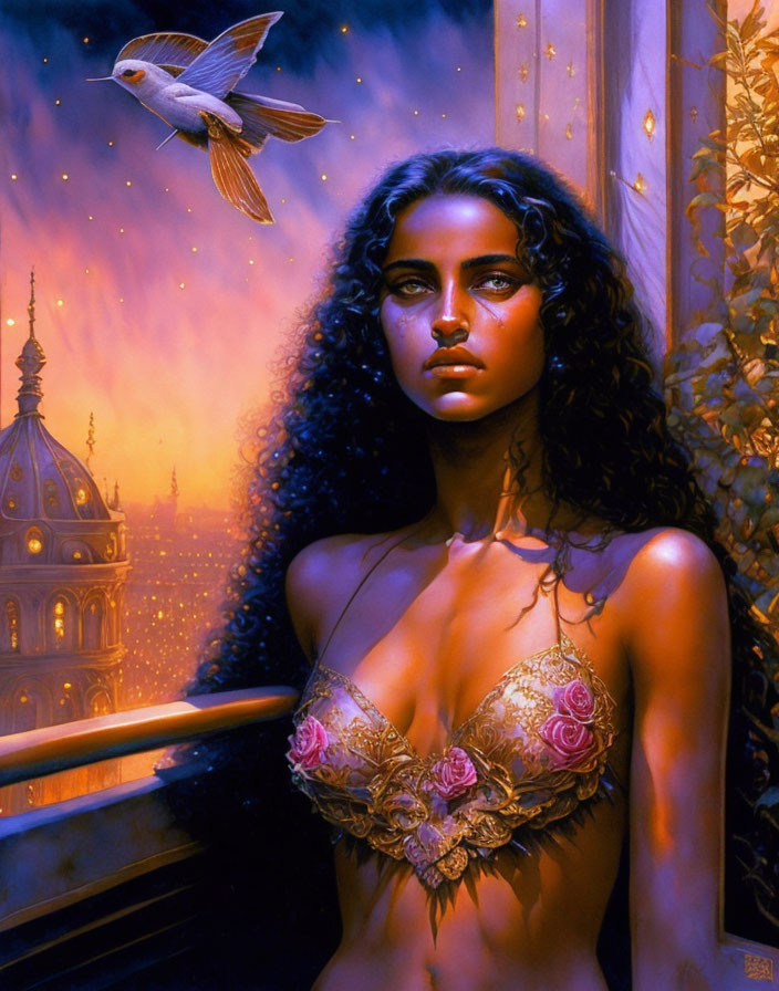 Curly-haired woman on balcony at night with glowing city lights and bird.