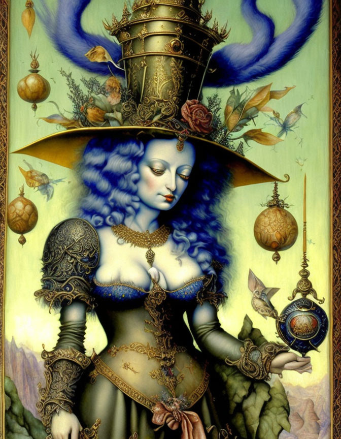 Blue-skinned woman in steampunk attire with clock and lanterns