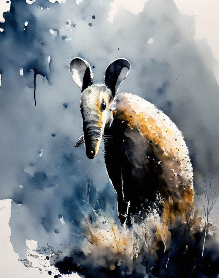 Anteater Watercolor Painting in Grey, Black, and Ochre