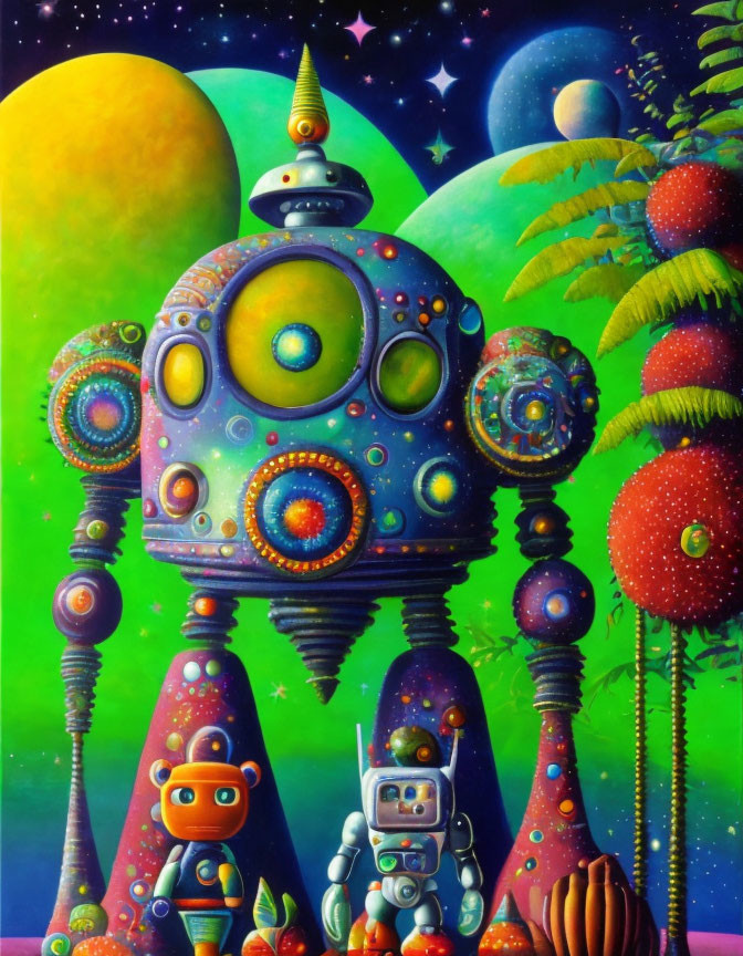 Colorful whimsical robots in vibrant space landscape with alien flora.