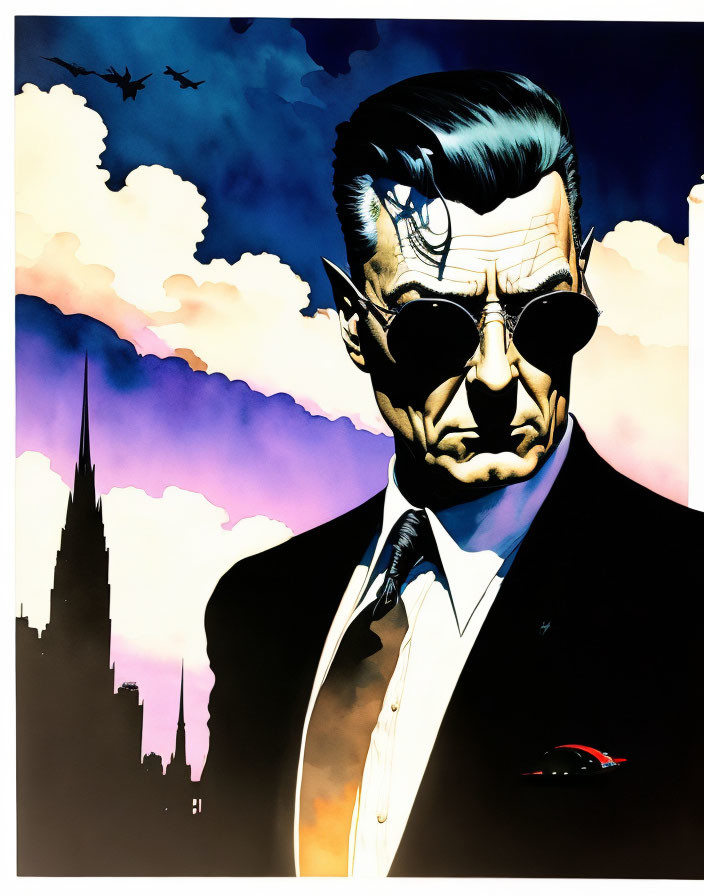 Stylized man in suit with sunglasses against city skyline and bats at twilight.