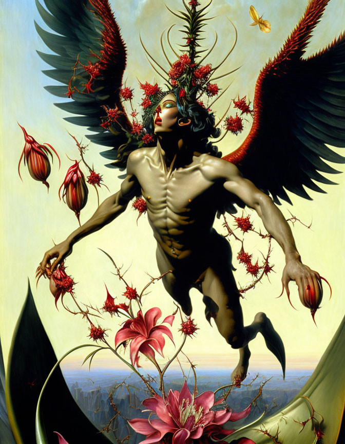 Fantastical winged male figure in expressive pose surrounded by red flowers and butterflies