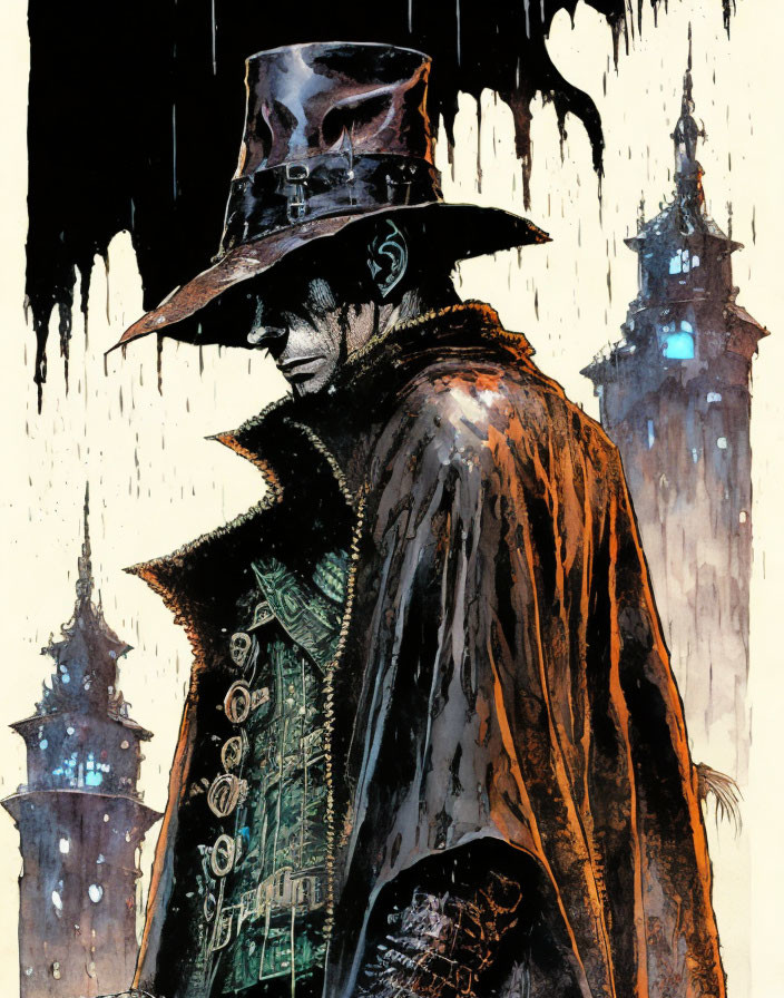 Mysterious Figure in Wide-Brimmed Hat and Overcoat on Gothic Background