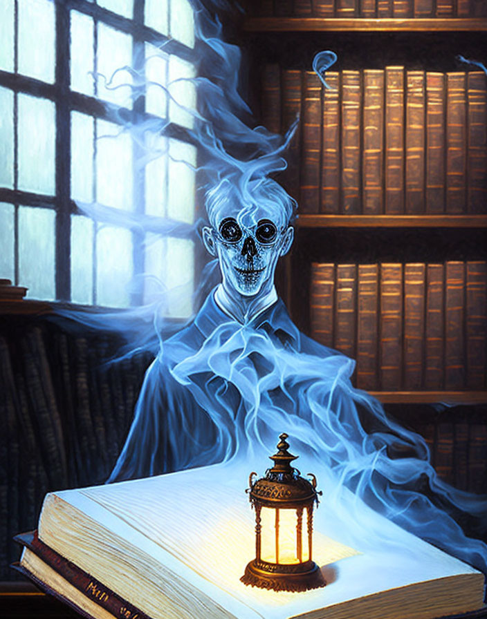 Ethereal blue smoke surrounds spectral skull above open book in room.