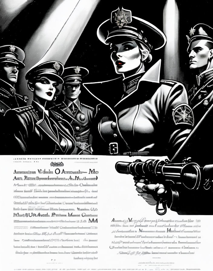 Monochrome military illustration with female figure and telescope