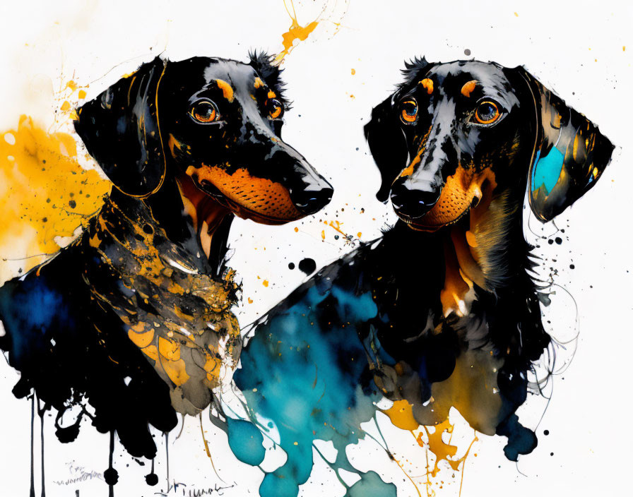 Colorful watercolor painting of two black dachshunds with yellow and blue ink splashes