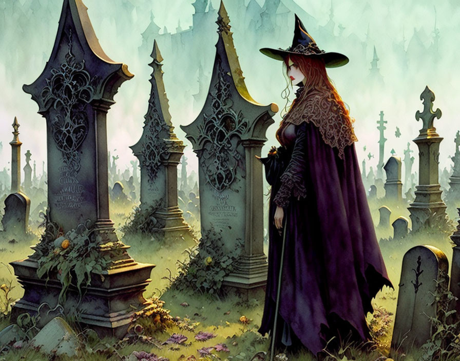 Witch in wide-brimmed hat at misty graveyard