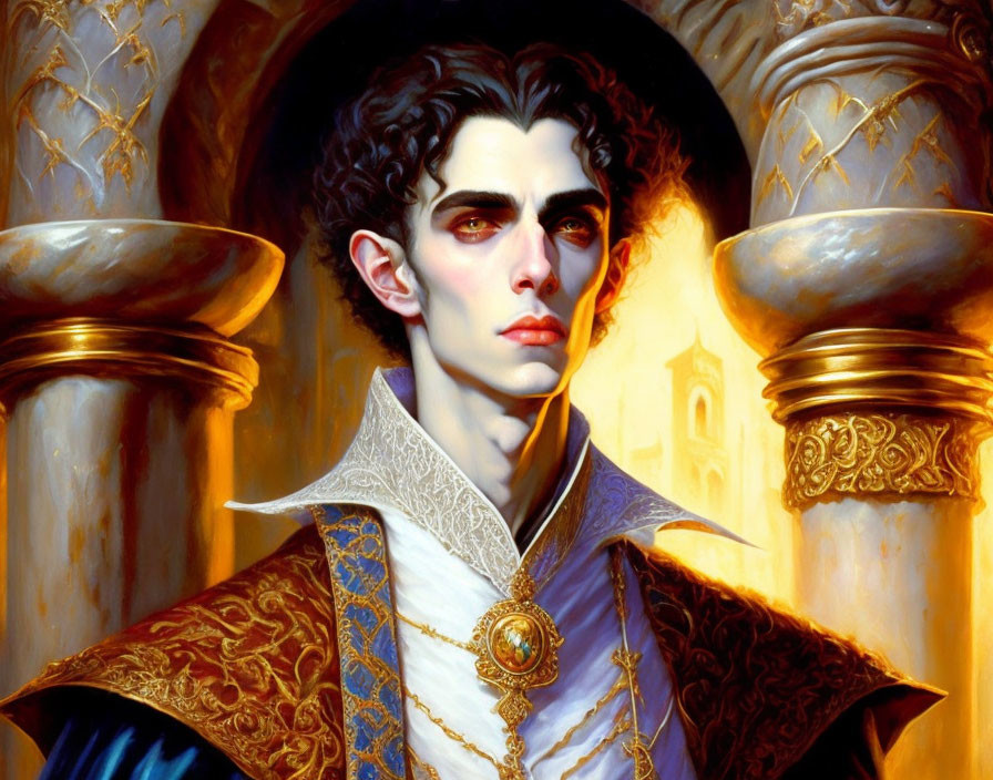 Regal man with dark hair in gold-trimmed cloak in golden-lit setting